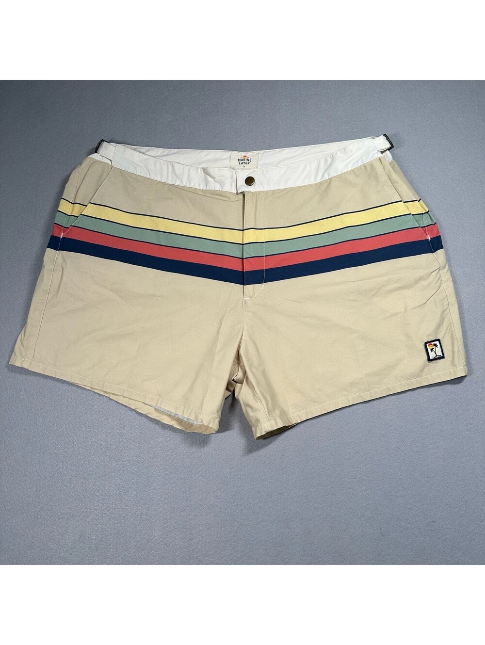 Marine Layer Mens 36 Retro Striped Swim Trunks Tan Palm Patch Board Shorts